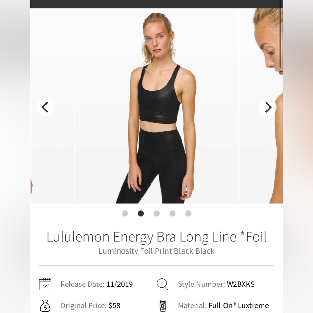 Lululemon energy bra long line foil (black), size 4, in excellent condition